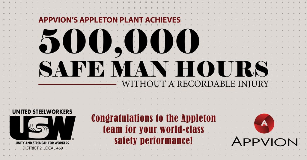 text stating 500,000 man hours of no accidents with Appvion logo.