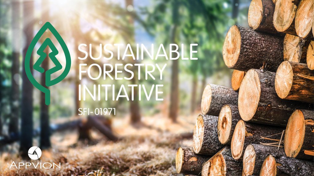 Forest with a small wood pile with sustainable forestry initiative text