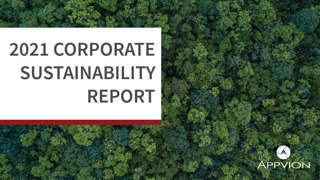 corporate sustainability report text overlaid on a forest