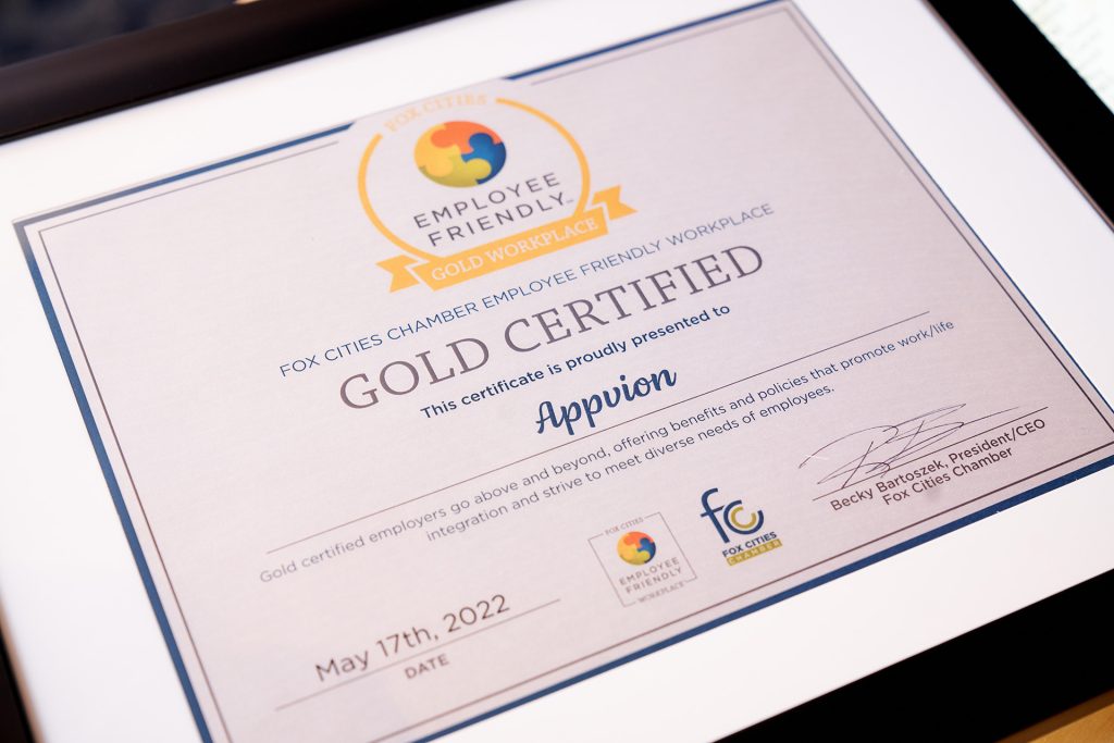 Appvion Gold Certified Employee Friendly Certificate